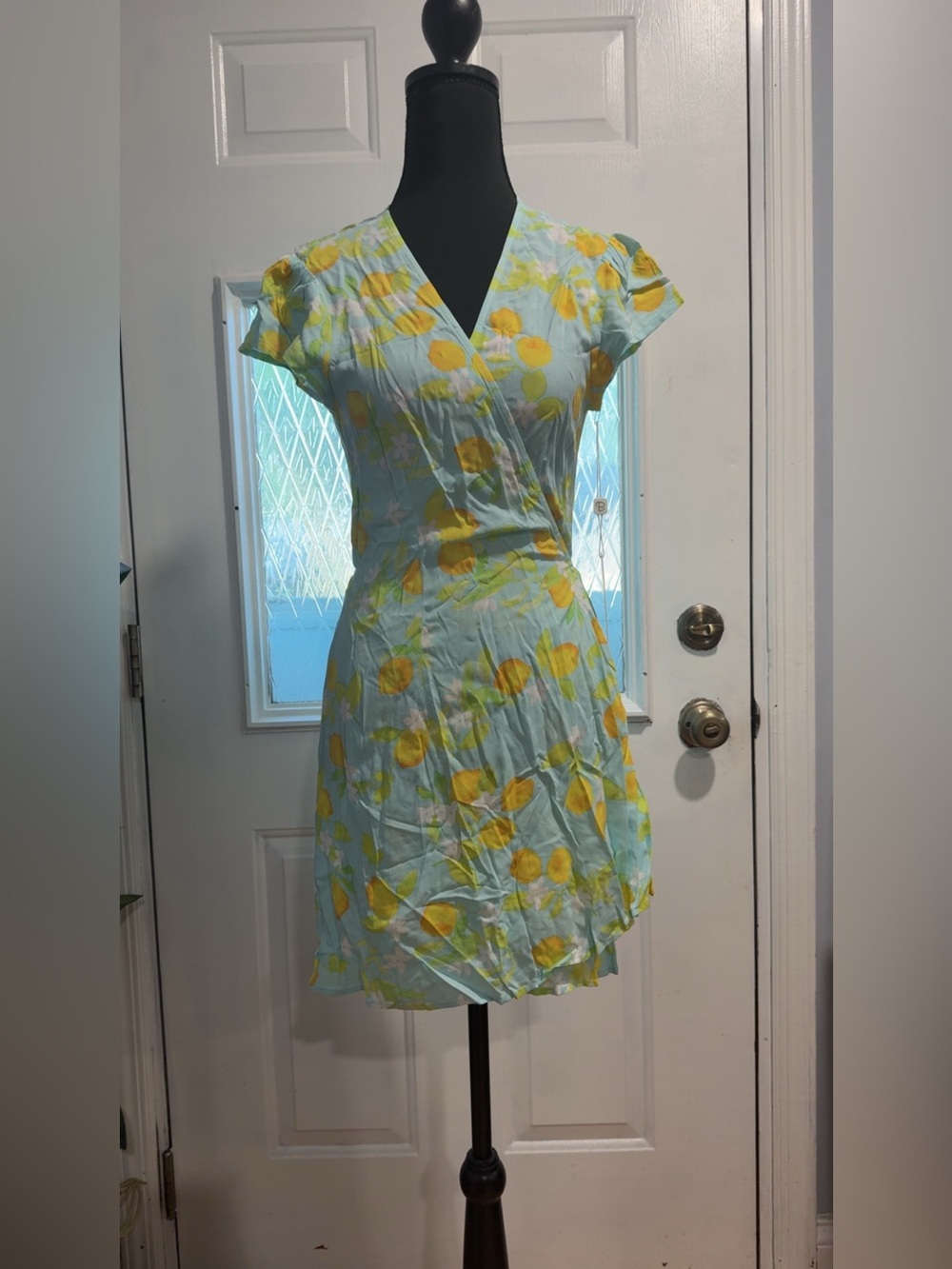 Beach Bunny Light Blue Wrap Mini Dress with Yellow Floral Print